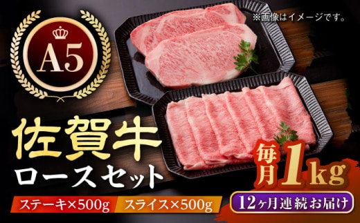 【全12回定期便】佐賀牛 ロース ステーキ・スライス 1kg ( ステーキ 250g × 2枚 スライス 500g ) 【肉の三栄】 [HAA050]