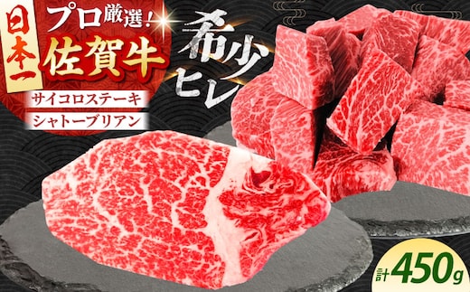 【12/15入金まで年内発送】【2度の農林水産大臣賞】佐賀牛 ヒレ 2種 食べ比べ B（ シャトーブリアン ・ ヒレサイコロ ）計450g 【田中畜産牛肉店】 [HBH158]