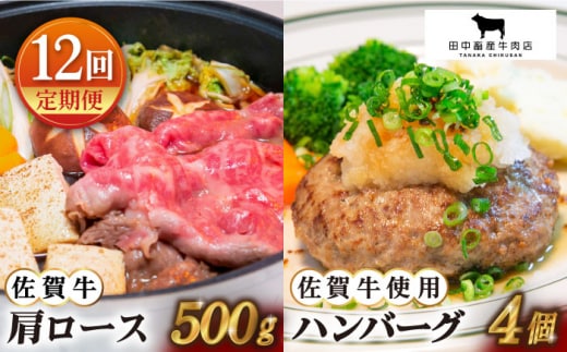 【全12回定期便】佐賀牛 スライス・ハンバーグ セット ( 肩ローススライス500g・ハンバーグ4個 ) 【田中畜産牛肉店】 [HBH095]