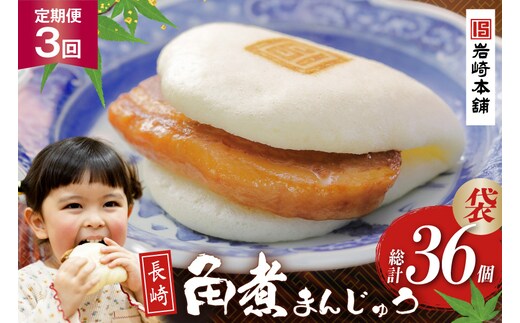 BJ015 岩崎本舗 【3回定期便】長崎角煮まんじゅう 12個入 (袋) [長崎県 島原市]