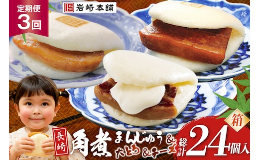 BJ517 岩崎本舗 【3回定期便】三種食べ比べセット(長崎角煮まんじゅう 4個・大とろ角煮まんじゅう 2個・チーズ角煮まんじゅう 2個) (箱) [岩崎食品 長崎県 島原市]