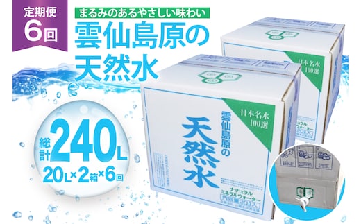 AJ627 山崎本店酒造場 【6回定期便】 雲仙島原の天然水 20L 2箱 [ 水 天然水 ウォーター おいしい 定期便 定期 名水百選 大容量 日用品 軟水 長崎県 島原市 ]