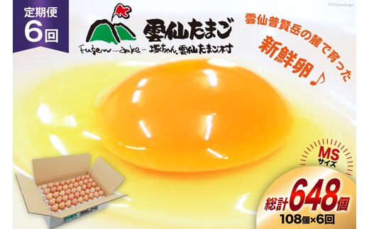 BI044 6回 定期便 たっぷり！ 雲仙たまごMSサイズ 108個(100個＋割れ補償8個入り) [ 卵 たまご 生卵 鶏卵 赤卵 玉子 新鮮 塚ちゃん雲仙たまご村 長崎県 島原市 ]