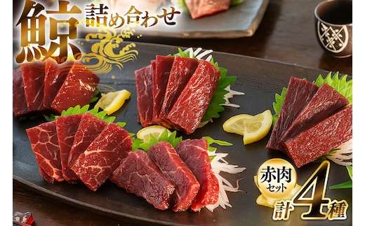 BJ148 くじら 赤肉 4種詰め合わせ 計740g ( 小切れ 胸肉 背肉 特選 )[ くじら クジラ 鯨肉 湯引き 簡単調理 おつまみ 肴 珍味 日野商店 長崎県 島原市 ]