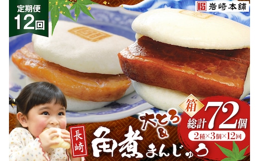 BJ066 岩崎本舗 【12回定期便】長崎自慢セット(長崎角煮まんじゅう 3個・大とろ角煮まんじゅう 3個) (箱) [長崎県 島原市]