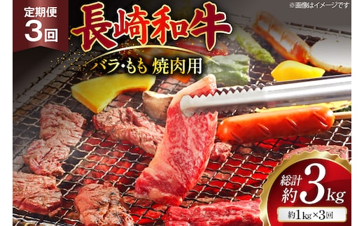 AJ571 【3回定期便】長崎和牛 焼肉セット 計約1kg バラ 霜降り(500g)・もも(500g) [ 肉 牛肉 和牛 高級 おいしい ステーキ肉 まるしん商会 黒牛 長崎県 島原市 ]