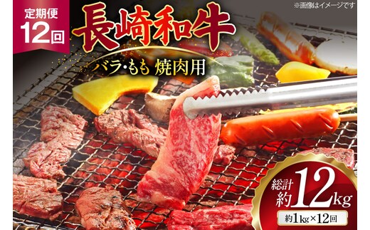AJ573 【12回定期便】長崎和牛 焼肉セット 計約1kg バラ 霜降り(500g)・もも(500g) [ 肉 牛肉 和牛 高級 おいしい ステーキ肉 まるしん商会 黒牛 長崎県 島原市 ]