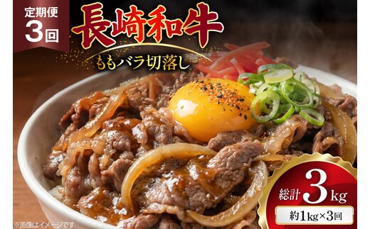 AJ577 【3回定期便】長崎和牛 切り落とし (もも・バラ) 約1kg (500g×2P) [ 肉 牛肉 和牛 高級 おいしい ステーキ肉 まるしん商会 黒牛 長崎県 島原市 ]
