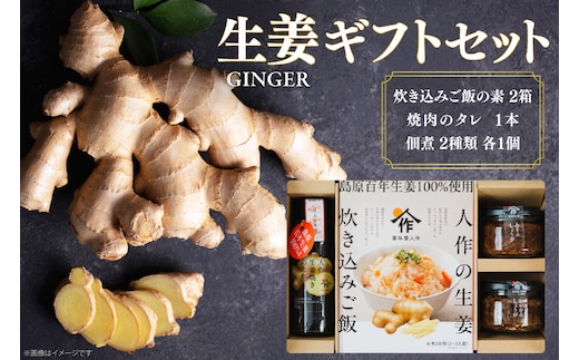 AJ680 薬味屋人作の生姜ギフトセット（生姜炊き込みご飯の素130g×2箱、おかかdeしょうが100g×1個、みそdeしょうが100g×1個、しょうが焼のたれ150g×1本） [ 炊き込みご飯の素 混ぜご飯 薬味 ご飯のお供 生姜 しょうが ショウガ 味噌 みそ 焼肉のたれ たれ タレ 保存料 添加物 不使用 国産 松本農園 人作 長崎県 島原市 ]