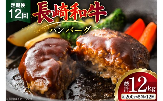AJ588 【12回定期便】長崎和牛 ハンバーグ 約1kg (200g×5個) [ 肉 牛肉 和牛 おいしい ひき肉 焼くだけ おかず まるしん商会 黒牛 長崎県 島原市 ]