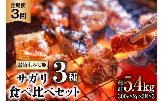 AK093【3回定期便】 雲仙もみじ豚 サガリ 3種 食べ比べ セット 計1.8kg（300g×3種×各2パック） [ 肉 豚 豚肉 ブタ サガリ 食べ比べ 冷凍 味付き 小分け ダイニング味遊 長崎県 島原市 ]
