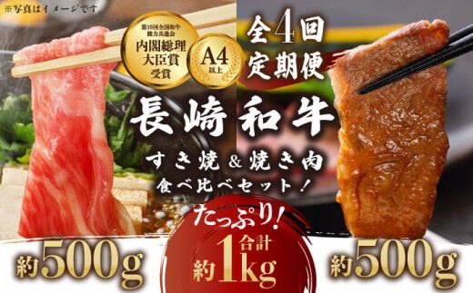 【4回定期便】長崎和牛 すき焼き・焼肉 セット 1kg(各500g×2)×4回 計4kg【川下精肉店】[OAA011] / スライス肉 焼肉用 BBQ バーベキュー やきにく 国産牛 和牛スライス 国産牛スライス 高級焼肉 モモ 黒毛和牛 冷凍 肉 長崎和牛 贈答