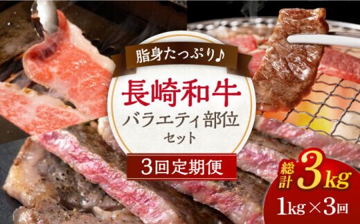【3回定期便】脂身たっぷり♪長崎和牛 バラエティ 部位 セット 毎回1kg ×3回【川下精肉店】[OAA021] / 国産牛 黒毛和牛 和牛 さーろいん サーロインステーキ肉 ステーキ肉 リブロース ロース肉 高級焼肉 焼肉 すきやき すき焼き 焼肉用