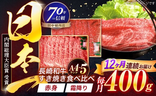 【12回定期便】長崎和牛 赤身＆霜降 すき焼き食べ比べセット 各200g【株式会社田中精肉店】 [OCA048]