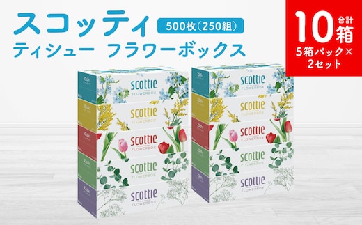 【スコッティ】ティシュー フラワーボックス 250組 5箱パック×2セット 合計10箱 ティッシュ 日用品 生活必需品