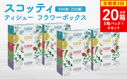 【定期便3回】【毎月お届け】【スコッティ】ティシュー フラワーボックス 250組 5箱パック×4セット 合計20箱 ティッシュ 日用品 生活必需品 消耗品 紙 まとめ買い 備蓄 防災備蓄 デザインボックス