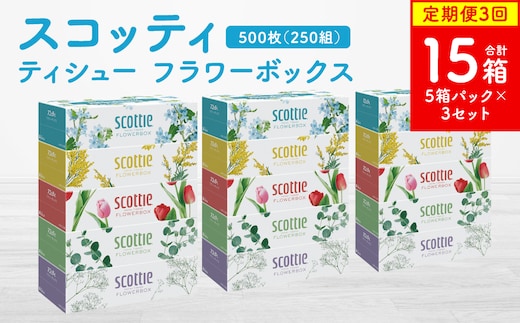 【定期便3回】【毎月お届け】【スコッティ】ティシュー フラワーボックス 250組 5箱パック×3セット 合計15箱 ティッシュ 日用品 生活必需品 消耗品 紙 まとめ買い 備蓄 防災備蓄 ストック デザインボックス
