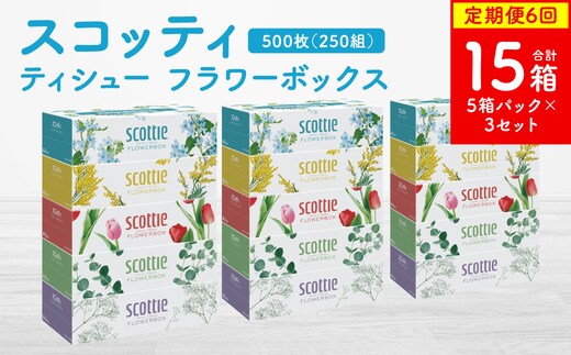 【定期便6回】【毎月お届け】【スコッティ】ティシュー フラワーボックス 250組 5箱パック×3セット 合計15箱 ティッシュ 日用品 生活必需品 消耗品 紙 まとめ買い 備蓄 防災備蓄 ストック デザインボックス