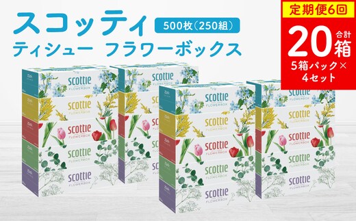 【定期便6回】【毎月お届け】【スコッティ】ティシュー フラワーボックス 250組 5箱パック×4セット 合計20箱 ティッシュ 日用品 生活必需品 消耗品 紙 まとめ買い 備蓄 防災備蓄 ストック デザインボックス