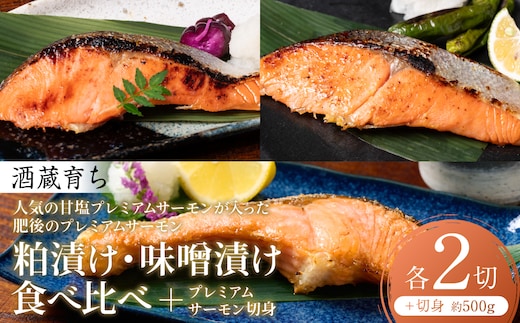 人気の甘塩プレミアムサーモン切身 約500g が入った 酒蔵育ち 肥後のプレミアムサーモン 食べ比べセット 粕漬け・味噌漬け 各2切入 サーモントラウト 銀鮭 酒粕漬け 酒粕 味噌漬け 赤酒 切身 切り身 和食 魚 おかず 熊本県 八代市