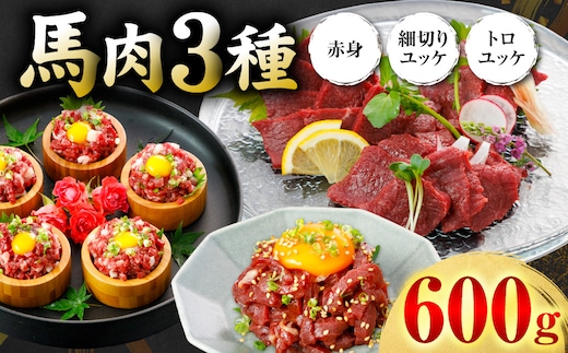 馬肉 3種600g (赤身200g、トロユッケ200g、細切りユッケ200g) 馬 馬焼き レア ユッケ 冷凍 新感覚 特殊加工 熟成 加熱加工 低温調理 熊本県 八代市