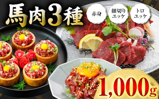 馬肉 3種1000g (赤身400g、トロユッケ300g、細切りユッケ300g) 馬 馬焼き レア ユッケ 冷凍 新感覚 特殊加工 熟成 加熱加工 低温調理 熊本県 八代市