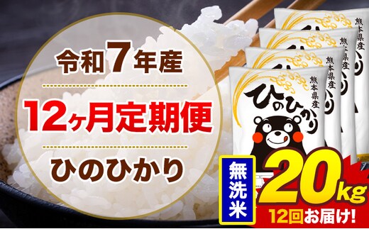 【12ヶ月定期便】令和7年産 無洗米 20kg 米 ひのひかり《お申込み翌月から出荷》熊本県 菊池市 国産 熊本県産 白米 精米 無洗米 送料無料 ヒノヒカリ こめ お米---300-4267---