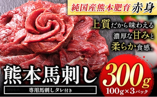 赤身馬刺し300g【純国産熊本肥育】 たっぷり300g 約100g×3ブロック(タレ5ml×3袋) 生食用 冷凍《30日以内に出荷予定(土日祝除く)》---kikuchi_lcl_34_300g---