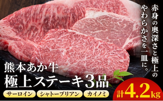 熊本あか牛 極上ステーキ 3品 セット 合計約4.2kg 3種類 サーロイン シャトーブリアン カイノミ 合同会社たべたせいか《30日以内に出荷予定(土日祝除く)》熊本県 菊池市 肉 牛肉 お肉 あか牛 ステーキ 希少部位 詰め合わせ 食べ比べ 熊本県産 冷凍 送料無料---069-1231---