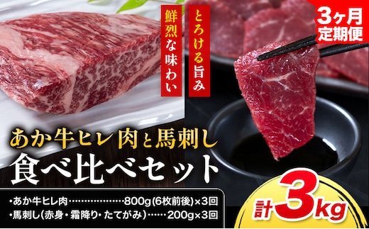 【3ヶ月定期便】あか牛 ヒレ肉 800g(6枚前後) 馬刺し 3種類 合計3kg 食べ比べ セット 合同会社たべたせいか《お申し込みの翌月から出荷》詰め合わせ 赤牛 国産和牛 和牛 ステーキ 馬肉 赤身 霜降り たてがみ 熊本県産 九州産 送料無料 ---069-1931---