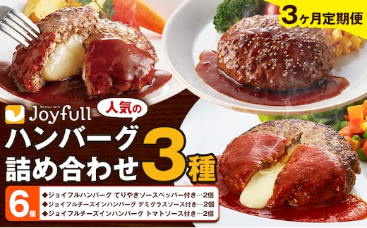 【3ヶ月定期便】ジョイフルハンバーグ 人気の詰め合わせ 6個 生ハンバーグ チーズインハンバーグ 1個120g ソース付き 食べ比べ 3種類 セット 牛肉 ジョイフル 焼くだけ ハンバーグ 惣菜 おかず 冷凍 送料無料《お申込み翌月から出荷》---077-3042---