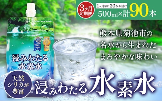 【3ヶ月定期便】浸みわたる水素水 30本 内容量 1本500ml 計45L《お申込み翌月から出荷》水 水素水 天然水 飲料水 ミネラルウォーター アルミパウチ パウチ 国産 九州産 熊本県産 菊池市産---003-2417---