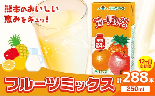 常温保存可能 【1ヶ月毎12回定期便】フルーツミックス250ml×24本 計288本 合同会社たべたせいか《お申し込みの翌月から出荷》熊本県 菊池市 ミックスジュース らくのうマザーズ フルーツ牛乳 フルーツ ジュース 紙パック ジュース ドリンク ---0016-3190---