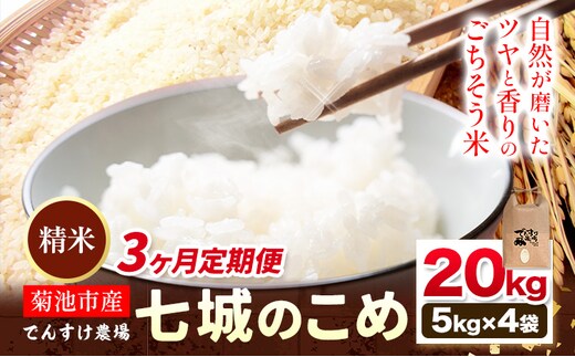 【3ヶ月定期便】令和7年産 精米 七城のこめ 20kg《お申込み翌月から出荷》熊本県 菊池市 米 白米 ヒノヒカリ でんすけ農場---309-4014---