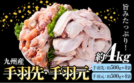 九州産 手羽先(約500g×4袋)・手羽元セット(約500g×4袋) 合計約4kg《30日以内に出荷予定(土日祝除く)》---146-1317---