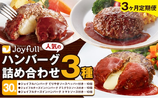 【3ヶ月定期便】ジョイフルハンバーグ 人気の詰め合わせ 30個 生ハンバーグ チーズインハンバーグ 1個120g ソース付き 食べ比べ 3種類 セット 牛肉 ジョイフル 焼くだけ ハンバーグ 惣菜 おかず 冷凍 送料無料《お申込み翌月から出荷》---077-3048---