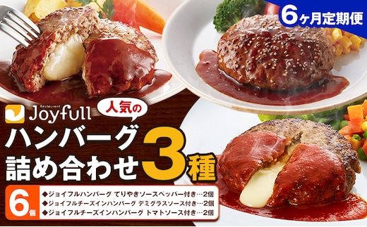 【6ヶ月定期便】ジョイフルハンバーグ 人気の詰め合わせ 6個 生ハンバーグ チーズインハンバーグ 1個120g ソース付き 食べ比べ 3種類 セット 牛肉 ジョイフル 焼くだけ ハンバーグ 惣菜 おかず 冷凍 送料無料《お申込み翌月から出荷》---077-3043---