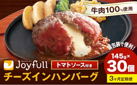 【3ヶ月定期便】ジョイフルハンバーグ チーズインハンバーグ トマトソース付 30個 1個145g 定期便 亀井通産株式会社《お申込みの翌月出荷予定》熊本県 菊池市 生ハンバーグ ソース付き 牛肉 ジョイフル 焼くだけ ハンバーグ 惣菜 おかず 冷凍---022-5046---