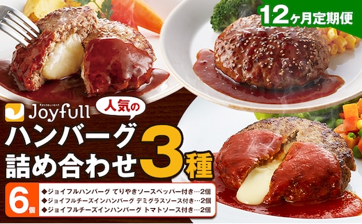 【12ヶ月定期便】ジョイフルハンバーグ 人気の詰め合わせ 6個 生ハンバーグ チーズインハンバーグ 1個120g ソース付き 食べ比べ 3種類 セット 牛肉 ジョイフル 焼くだけ ハンバーグ 惣菜 おかず 冷凍 送料無料《お申込み翌月から出荷》---077-3044---