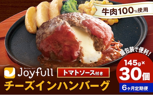 【6ヶ月定期便】ジョイフルハンバーグ チーズインハンバーグ トマトソース付 30個 1個145g 定期便 亀井通産株式会社《お申込みの翌月出荷予定》熊本県 菊池市 生ハンバーグ ソース付き 牛肉 ジョイフル 焼くだけ ハンバーグ 惣菜 おかず 冷凍---022-5047---