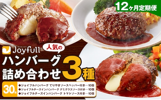 【12ヶ月定期便】ジョイフルハンバーグ 人気の詰め合わせ 30個 生ハンバーグ チーズインハンバーグ 1個120g ソース付き 食べ比べ 3種類 セット 牛肉 ジョイフル 焼くだけ ハンバーグ 惣菜 おかず 冷凍 送料無料《お申込み翌月から出荷》---077-3050---