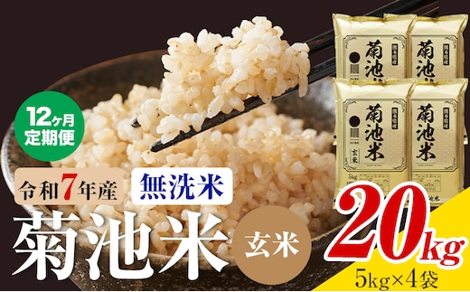 【12ヶ月定期便】熊本県産 菊池米 玄米 無洗米 20kg 1袋5kg 米 お米 令和7年産 九州産 熊本県産 送料無料《お申込み翌月に出荷予定》玄米 米---026-3124mo12---