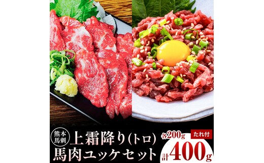 熊本 馬刺し 上霜降り・馬肉ユッケセット 2種類 各約200g 計約400g ユッケたれ たれ 生姜付き 合同会社トライウィン《90日以内に出荷予定(土日祝除く)》熊本県 菊池市 馬刺 刺身 馬肉 上霜降り トロ ユッケ たれ付き 生姜 小分け 個包装 冷凍 送料無料---143-1895---