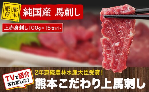 馬刺し 上赤身 ブロック 国産 熊本肥育 冷凍 生食用 たれ付き(10ml×15袋) 100g×15セット 肉 期間限定 絶品 牛肉よりヘルシー 馬肉 予約 平成27年28年 農林水産大臣賞受賞 熊本県玉東町《90日以内に出荷予定(土日祝除く)》---gkt_fkgakm_90d_50000_1500gt---