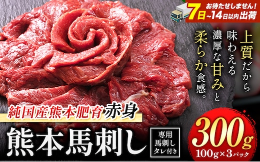 赤身馬刺し300g【純国産熊本肥育】 たっぷり300g 約100g×3ブロック(タレ5ml×3袋) 生食用 冷凍《7-14日以内に出荷予定(土日祝除く)》---gkt_fjst3_wx_r8_9500_300g---