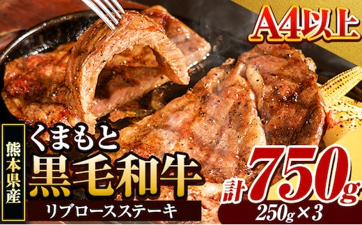 くまもと黒毛和牛 リブロースステーキ 750g (250g×3枚) 牛肉 冷凍 《30日以内に出荷予定(土日祝除く)》 くまもと黒毛和牛 黒毛和牛 冷凍庫 個別 取分け 小分け 個包装 ステーキ肉 にも リブロースステーキ---gkt_fribu_30d_8_22000_750g---