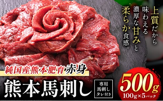 馬刺し 赤身 馬刺し 500g 【純 国産 熊本 肥育】 たっぷり 500g 約100g×5 ブロック ( タレ 5ml×5袋) 生食用 冷凍《3-7日以内に出荷予定(土日祝除く)》送料無料 国産 絶品 馬肉 肉 ギフト---gkt_lcl_666_500g---