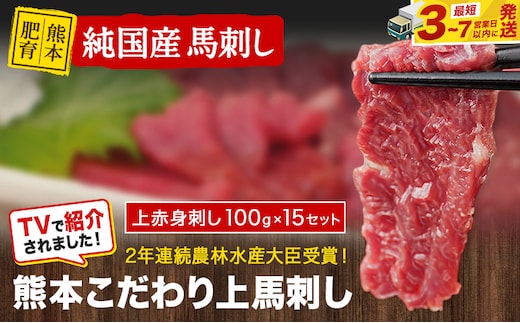 馬刺し 上赤身 ブロック 国産 熊本肥育 冷凍 生食用 たれ付き(10ml×15袋) 100g×15セット 肉 絶品 馬肉 平成27年28年 農林水産大臣賞受賞 熊本県玉東町《3-7日以内に出荷予定(土日祝除く)》---gkt_fkgakm_u_r8_45500_1500gt---