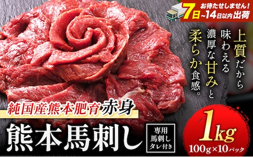 馬刺し 赤身 馬刺し 1kg 【純 国産 熊本 肥育】 たっぷり 1kg 約100g×10 ブロック ( タレ 5ml×10袋) 生食用 冷凍《7-14日以内に出荷予定(土日祝除く)》送料無料 国産 絶品 馬肉 肉 ギフト---gkt_fjst10_wx_r8_26000_1000g---