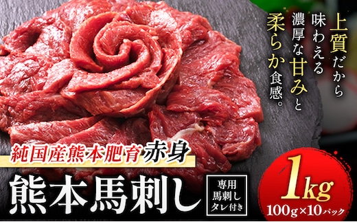 馬刺し 赤身 馬刺し 1kg 【純 国産 熊本 肥育】 たっぷり 1kg 約100g×10 ブロック ( タレ 5ml×10袋) 生食用 冷凍《3-7日以内に出荷予定(土日祝除く)》送料無料 国産 絶品 馬肉 肉 ギフト---gkt_lcl_667_1000g---